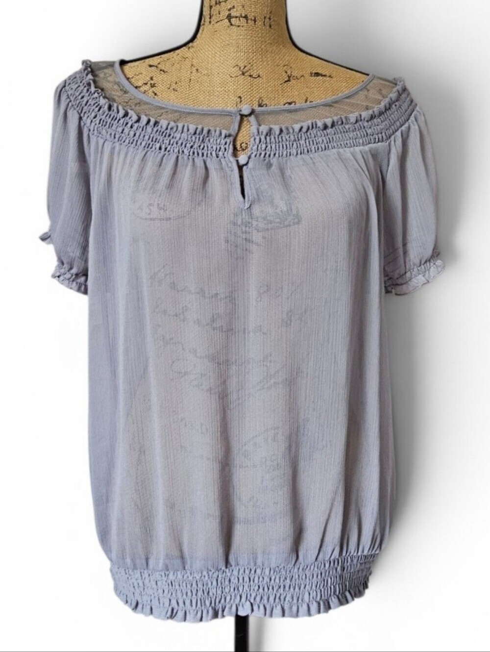 Express Light Gray Smocked Off-Shoulder Sheer Boho Short Sleeve Blouse, Size M